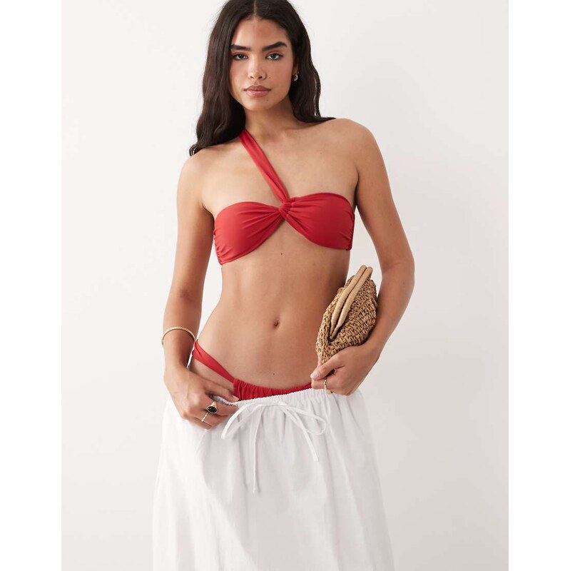 Mango twist front one shoulder bikini top in red 115388803