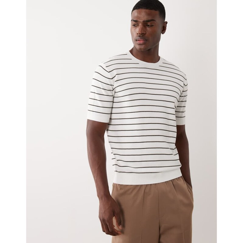 Mango fine knit striped t-shirt in beige-Neutral