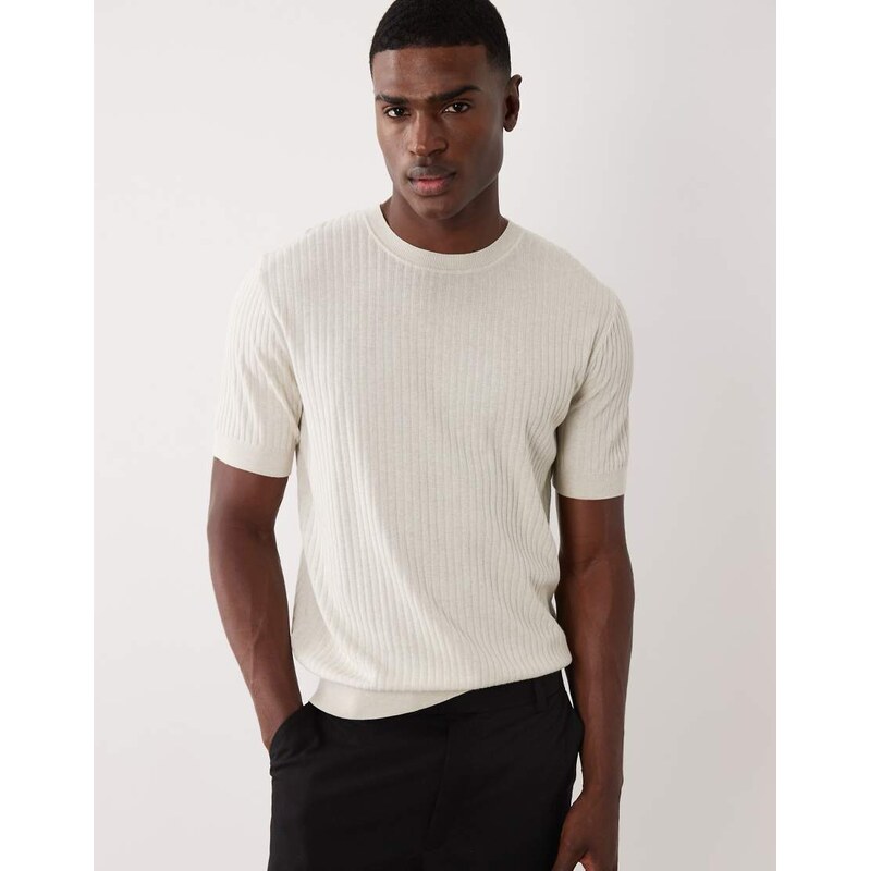 Mango modal blend fine knit ribbed t-shirt in ecru-Neutral