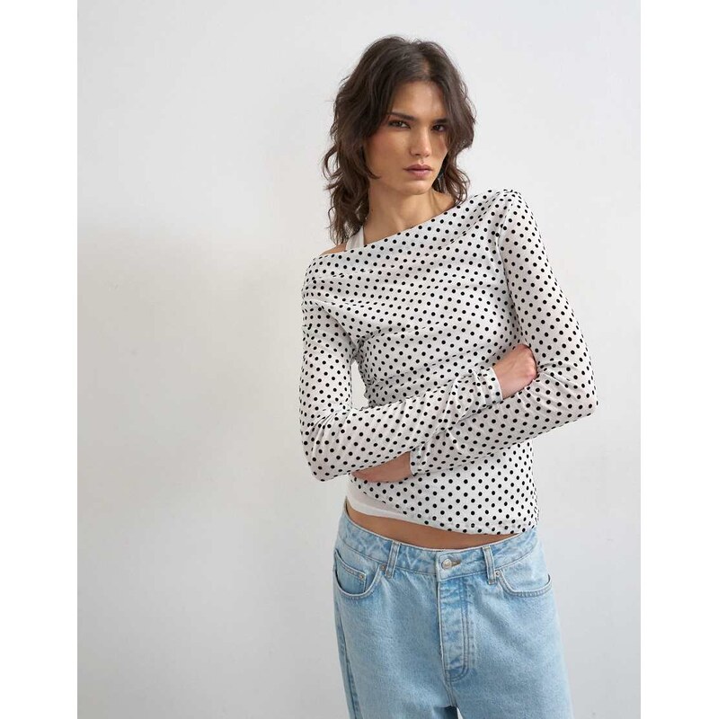 Topshop printed double layer long sleeve top in mono-Grey