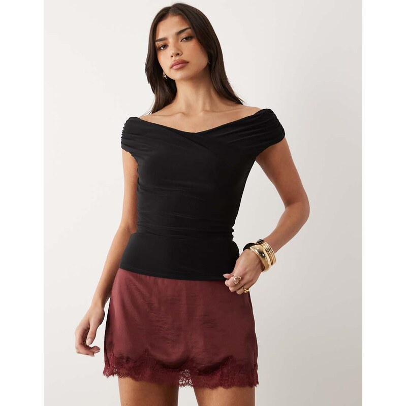 ASOS DESIGN ruched shoulder grazer top in black