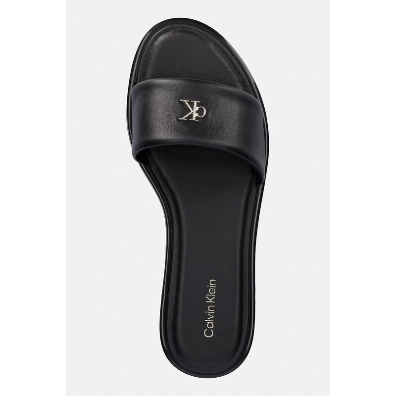 Calvin Klein pantofle dámské kožené ROUND FLAT SNDL LTH BAR HW 2