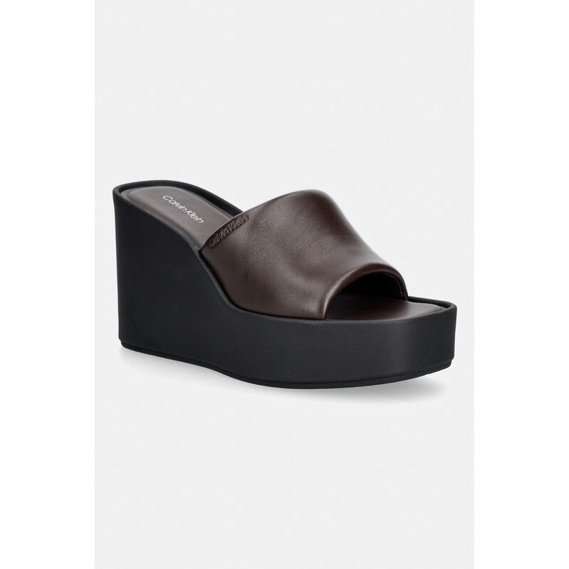 Calvin Klein pantofle na klínku dámské kožené WEDGE 70 SNDL MULE LTH
