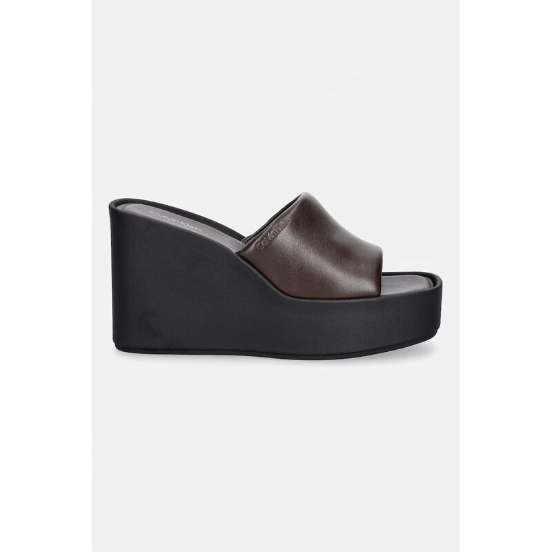 Calvin Klein pantofle na klínku dámské kožené WEDGE 70 SNDL MULE LTH