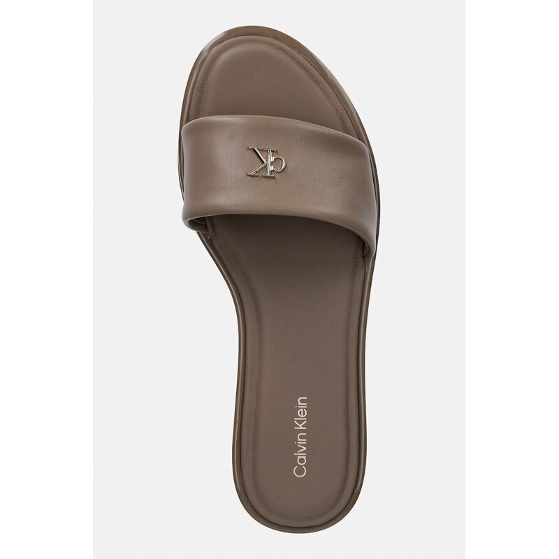 Calvin Klein pantofle dámské kožené ROUND FLAT SNDL LTH BAR HW 2
