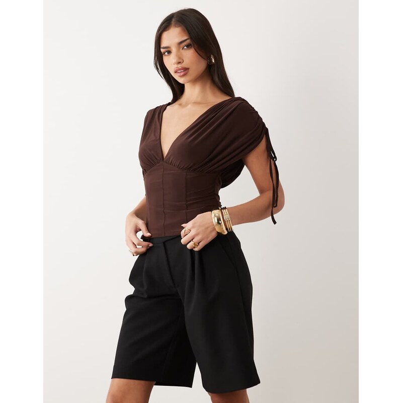 ASOS DESIGN deep ruched off the shoulder top in brown