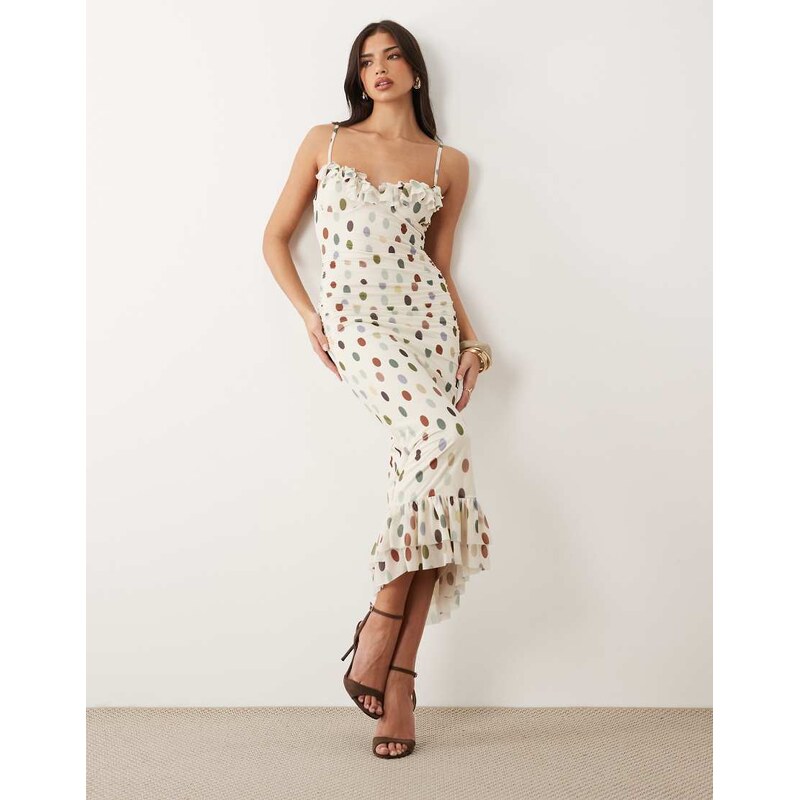 ASOS DESIGN printed spot stretch chiffon midi dress with frill
