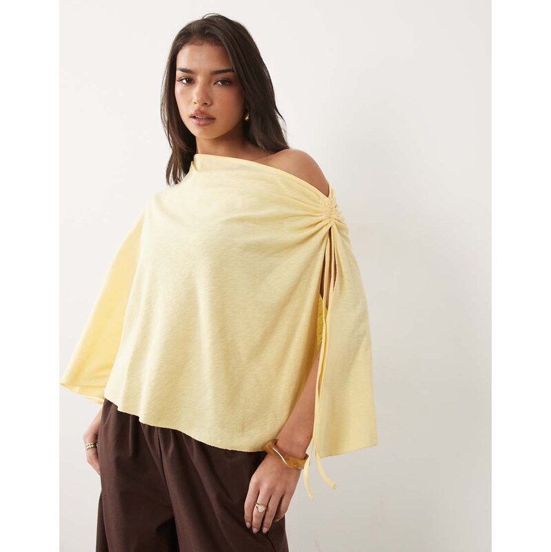 ASOS DESIGN slub cape top with ruched tie detail in lemon yellow