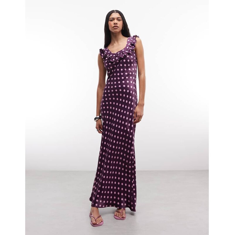 Reclaimed Vintage maxi satin tea dress with frill neck in raspberry 115523099