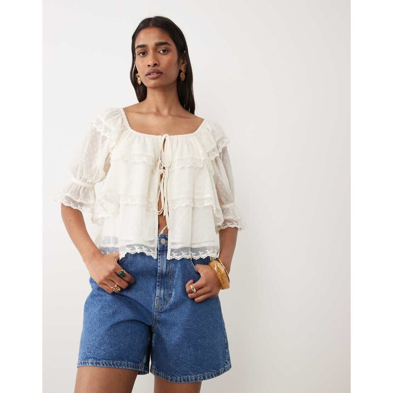 Miss Selfridge dobby tie front blouse-White 115491590