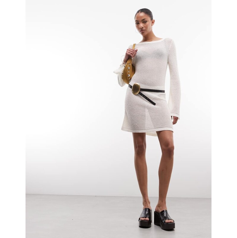 Reclaimed Vintage crochet beach mini dress in cream with flared sleeve 115409290