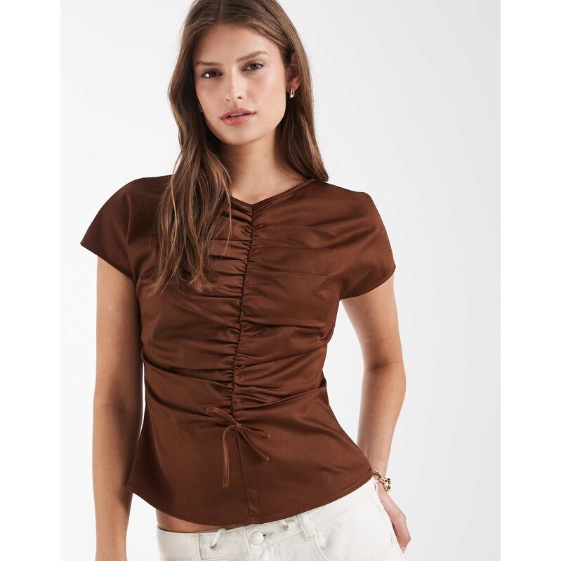 Laagam simone short sleeve ruched top in brown