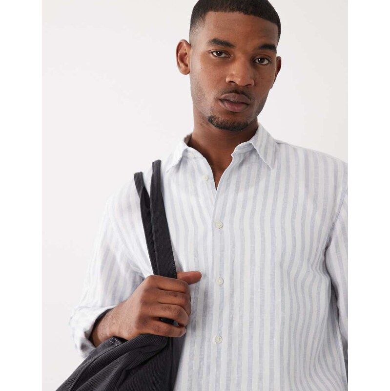 Selected linen blend long sleeve shirt in blue stripe