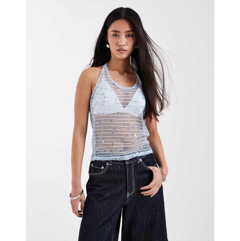 JJXX crochet halter top with sequins in blue