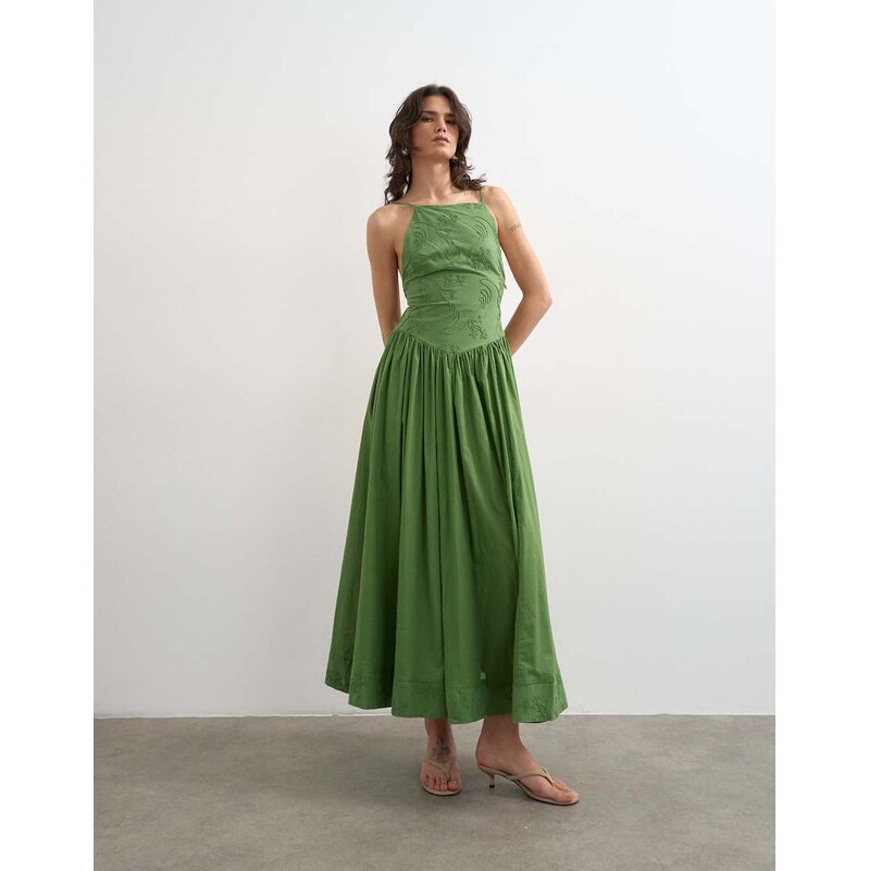 Topshop deep v back strappy midi sundress with cording in green