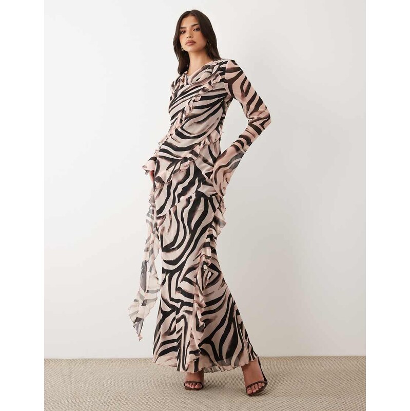Daska chiffon ruffle long sleeve maxi dress in zebra print-Multi 115522897