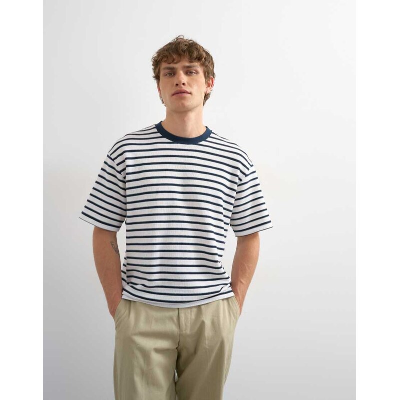 Topman relaxed fit textured t-shirt with breton stripe in navy
