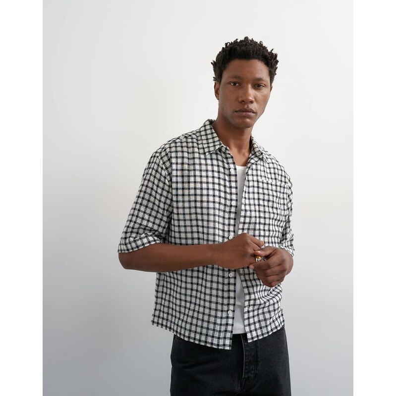 Topman relaxed fit crop textured check shirt in mono-Multi