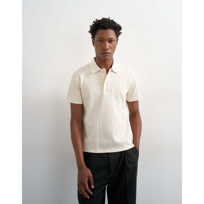 Topman cropped fit ribbed polo shirt in cream-White