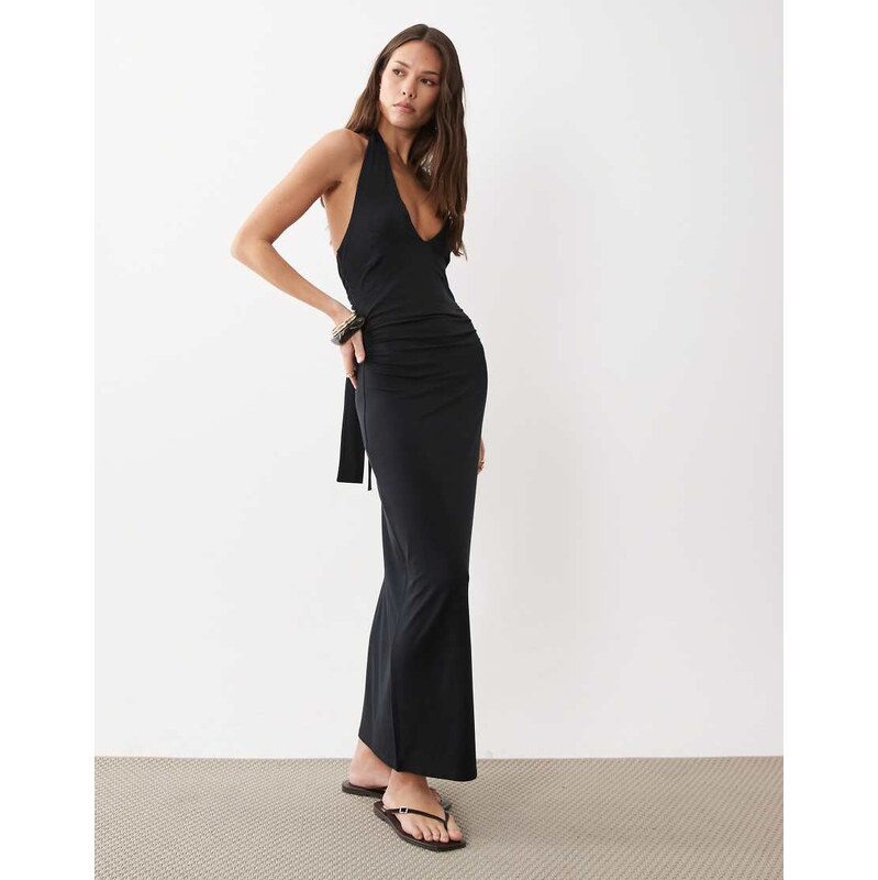 ASOS DESIGN tie back halter midi dress in black