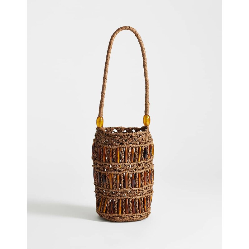 Topshop Harley raffia grab bag with beads in brown & tort