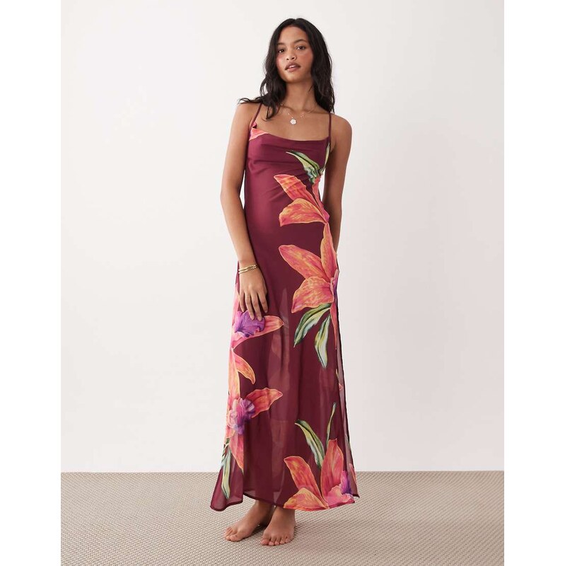 Aray sheer maxi beach dress in dark pink floral print