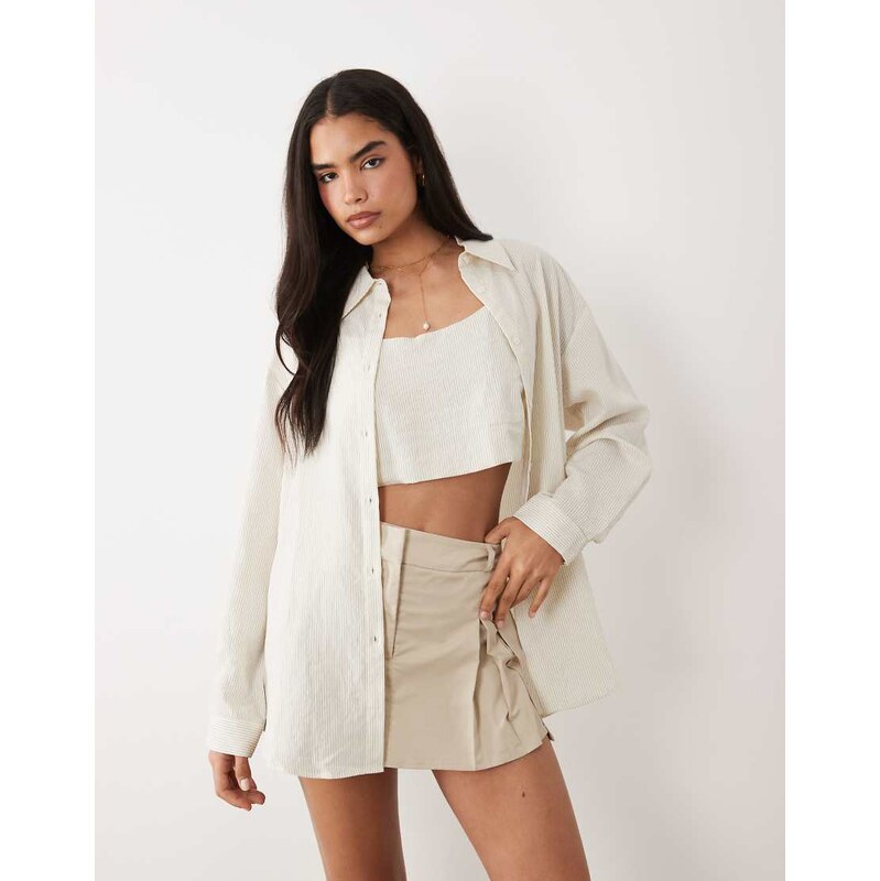 ASOS DESIGN oversized shirt with bralette in stone pinstripe