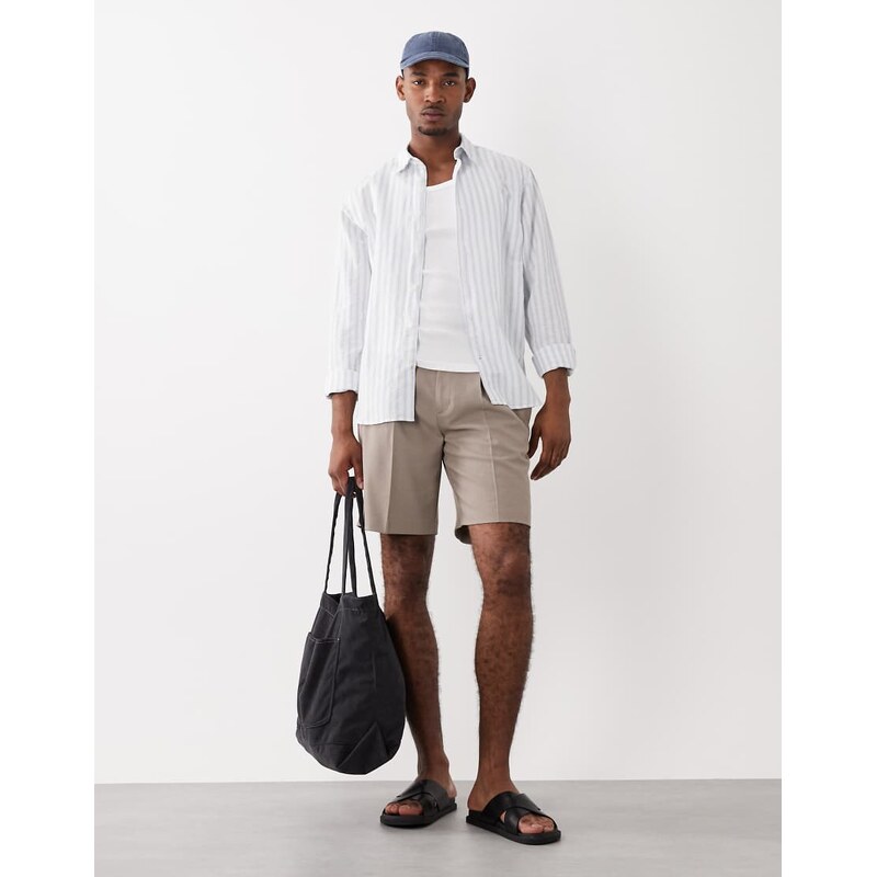 Selected linen blend long sleeve shirt in blue stripe