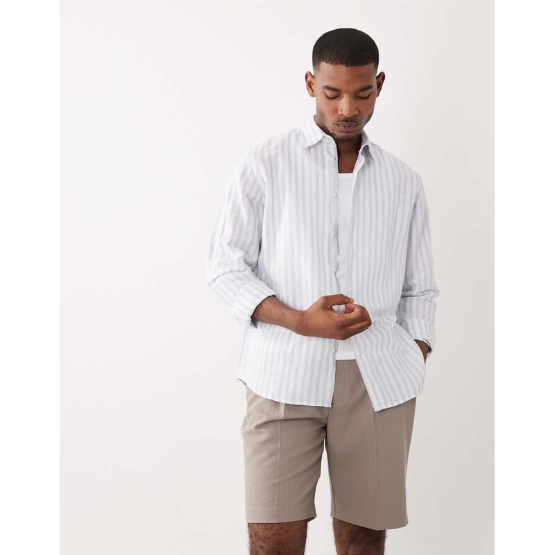 Selected linen blend long sleeve shirt in blue stripe