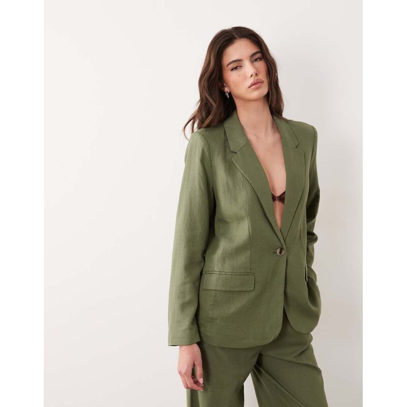 Vila linen blend tailored blazer co-ord in olive green 115522269