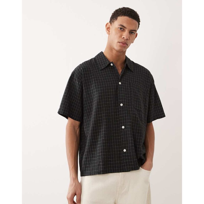 Jack & Jones linen blend cropped short sleeve check shirt in