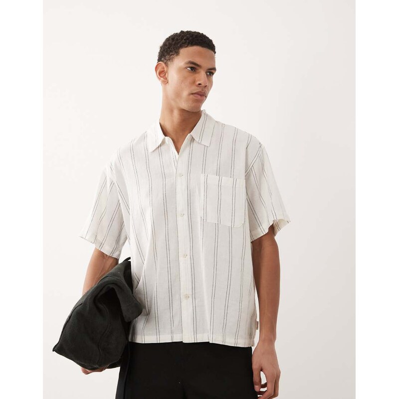 Jack & Jones linen blend cropped short sleeve stripe shirt in