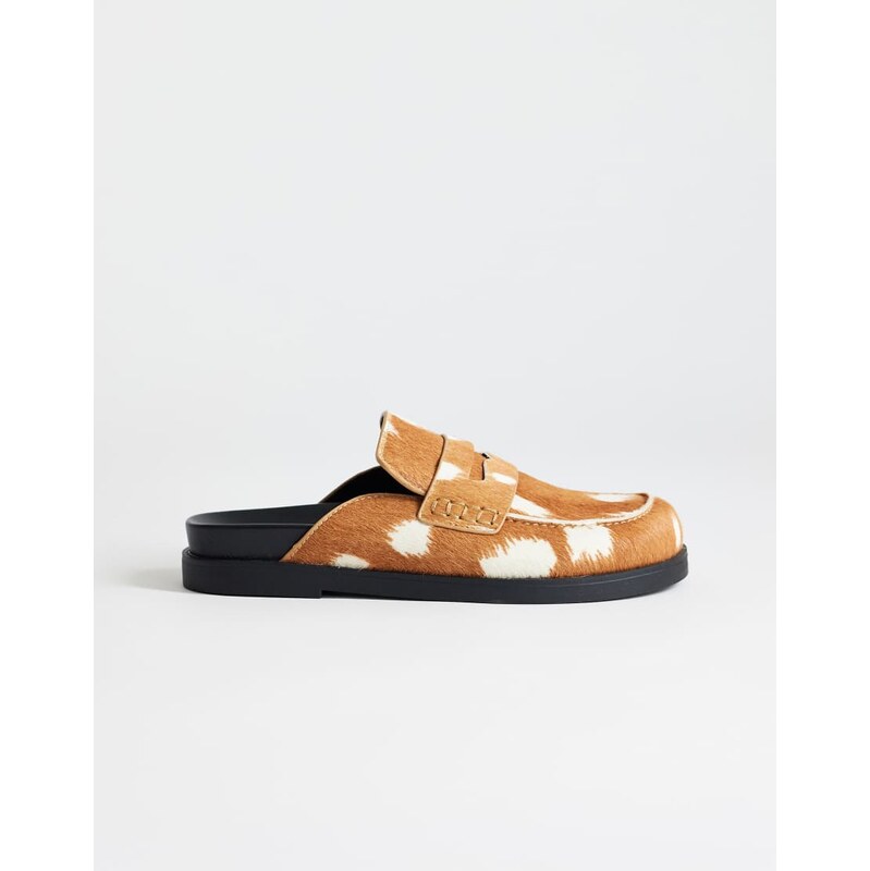 Topshop Addie hair on real leather mule loafer in large deer print 115522603