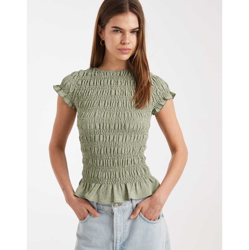 Daisy Street shirred short sleeve top in green check 115409223