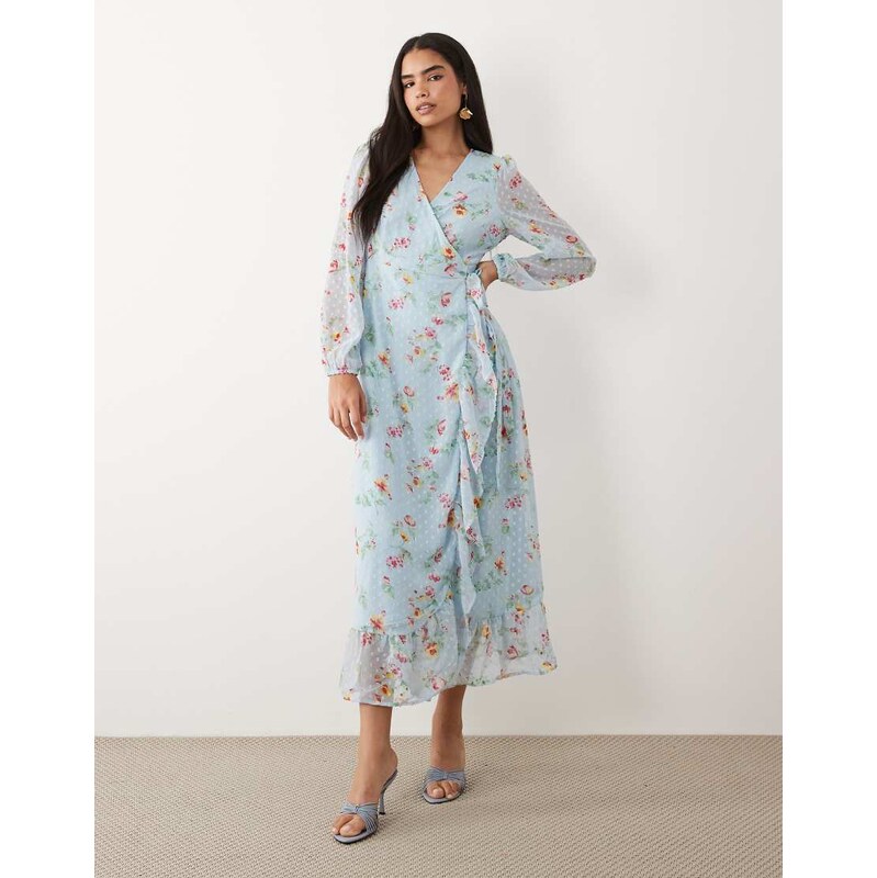 Vila dobby wrap maxi dress with frill detail in light blue