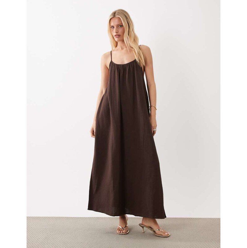 Vila crinkle cotton maxi cami slip dress in chocolate brown