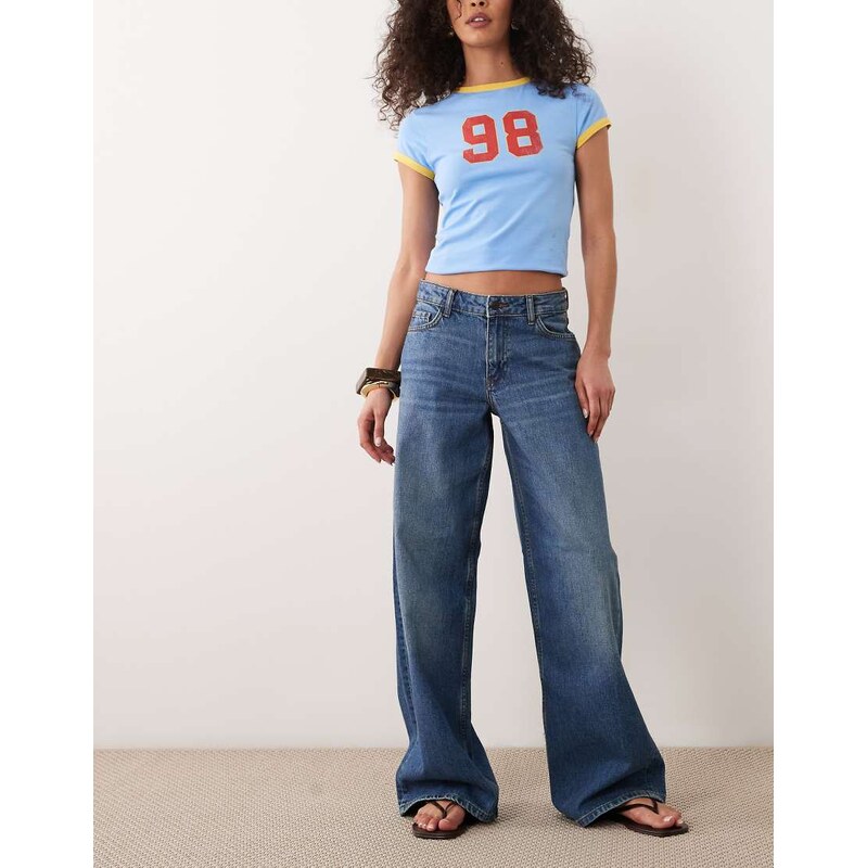 JDY Ruby mid waist wide leg jeans in faded mid blue denim 115403133