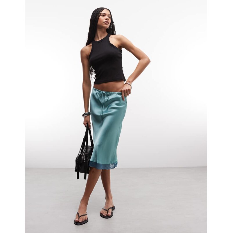 Reclaimed Vintage awkward length satin midi skirt with lace trim
