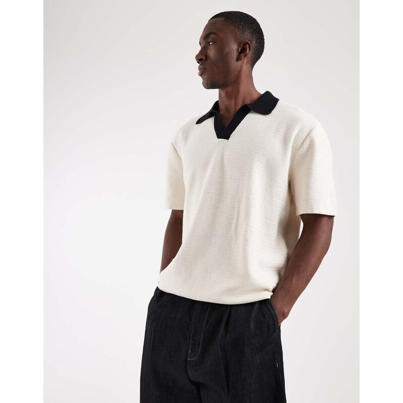 Jack & Jones open neck polo knit with contrast collar in off