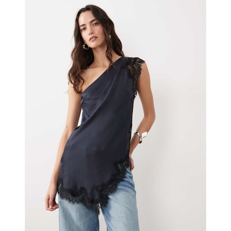 Mango one shoulder sleeveless asymmetric satin top with lace trim in 115403140