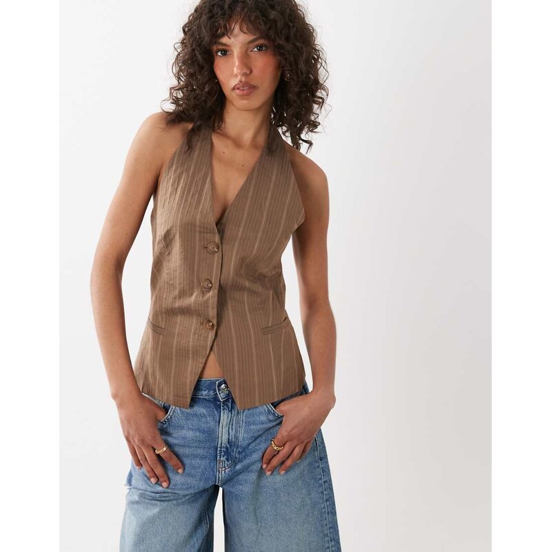Mango Martin halterneck waistcoat co-ord in beige pinstripe-Brown 115403144