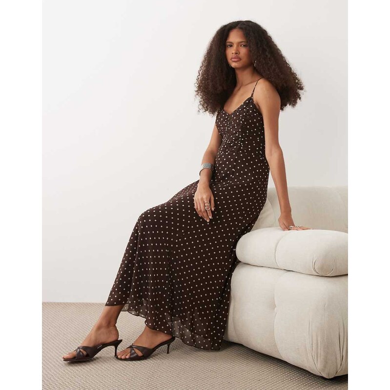 Mango strappy maxi dress with ruched waist in brown and white