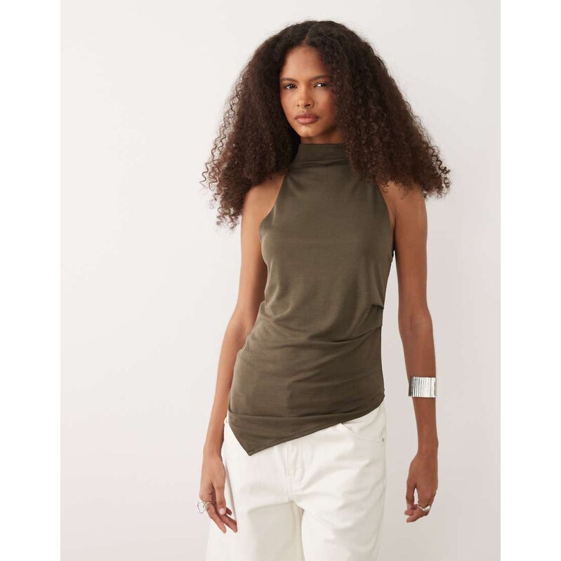 Mango high neck sleeveless top with asymmetric hem in khaki-Green 115403153