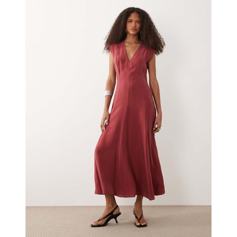 Mango shirred waist midi dress in deep red-Orange