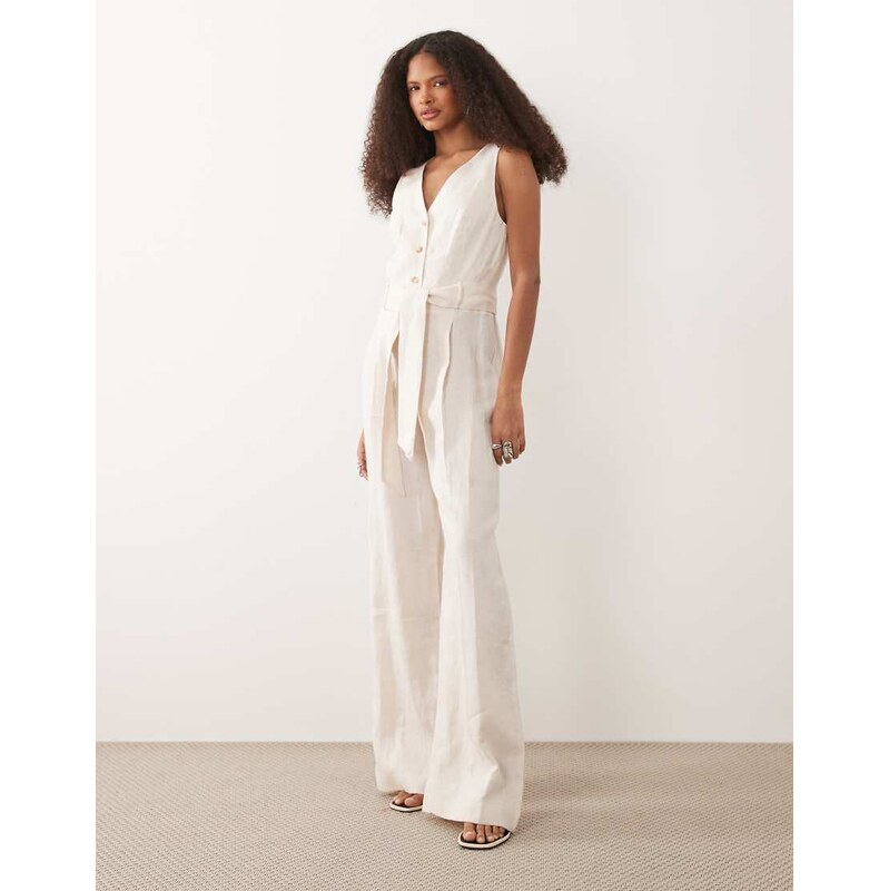 Mango halterneck linen tie waist jumpsuit in cream-Neutral