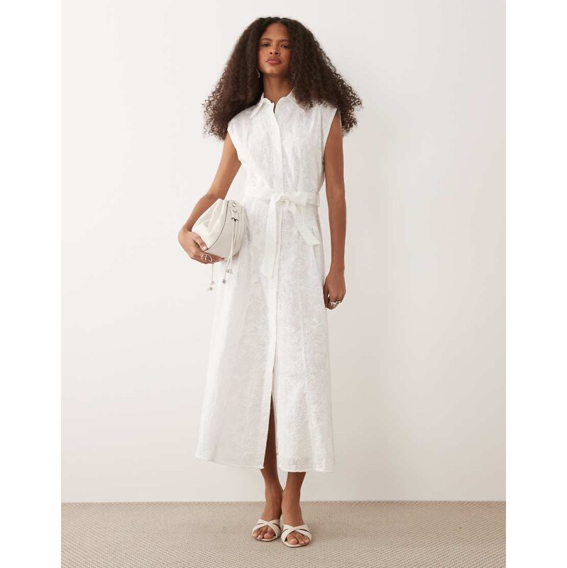 Mango 100% cotton embroidered tie waist midi shirt dress in