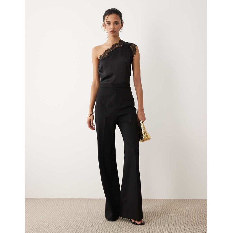 Mango one shoulder jumpsuit with lace detail in black