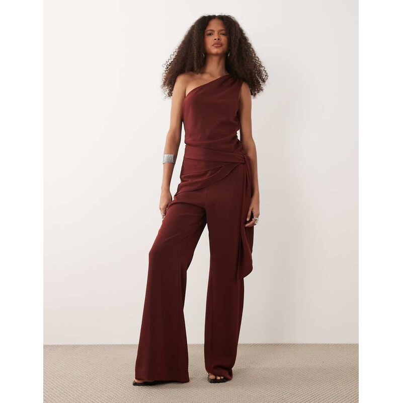 Mango one shoulder tie waist jumpsuit in deep red