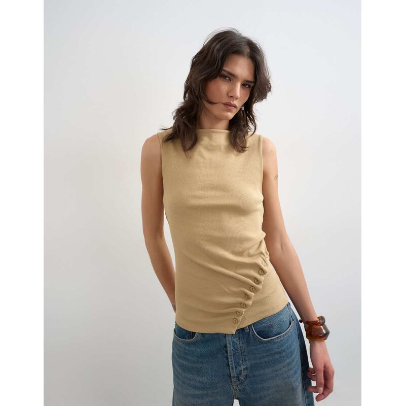 Topshop button detail slash neck ribbed top in oat-Neutral
