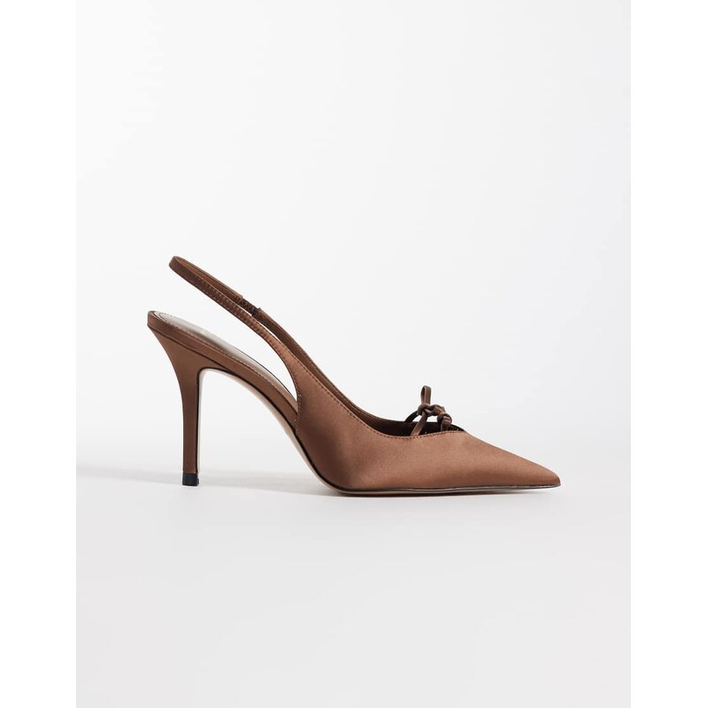 Mango satin pointed heeled slingbacks with bow detail in brown
